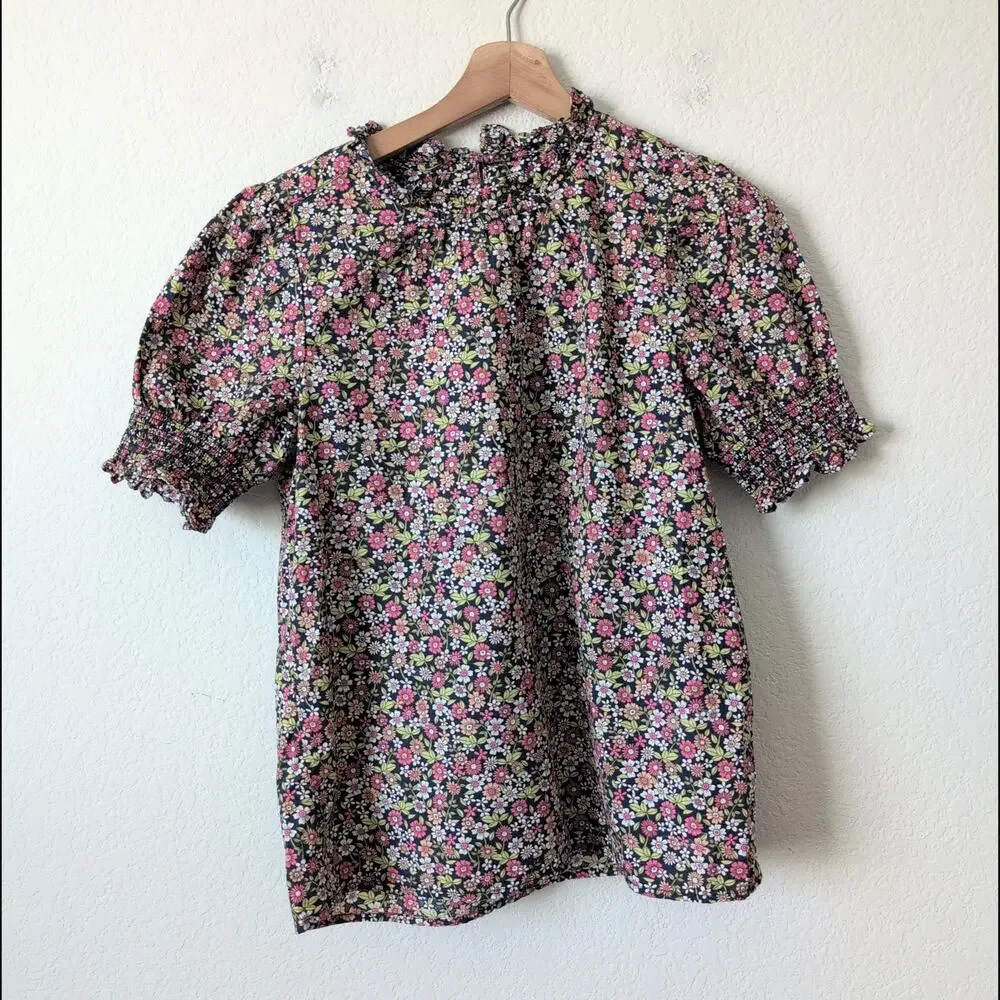 J.Crew Blouse XXS 2XS Floral Ruffle‎ Neck Smocked Puff Sleeve Cotton Poplin